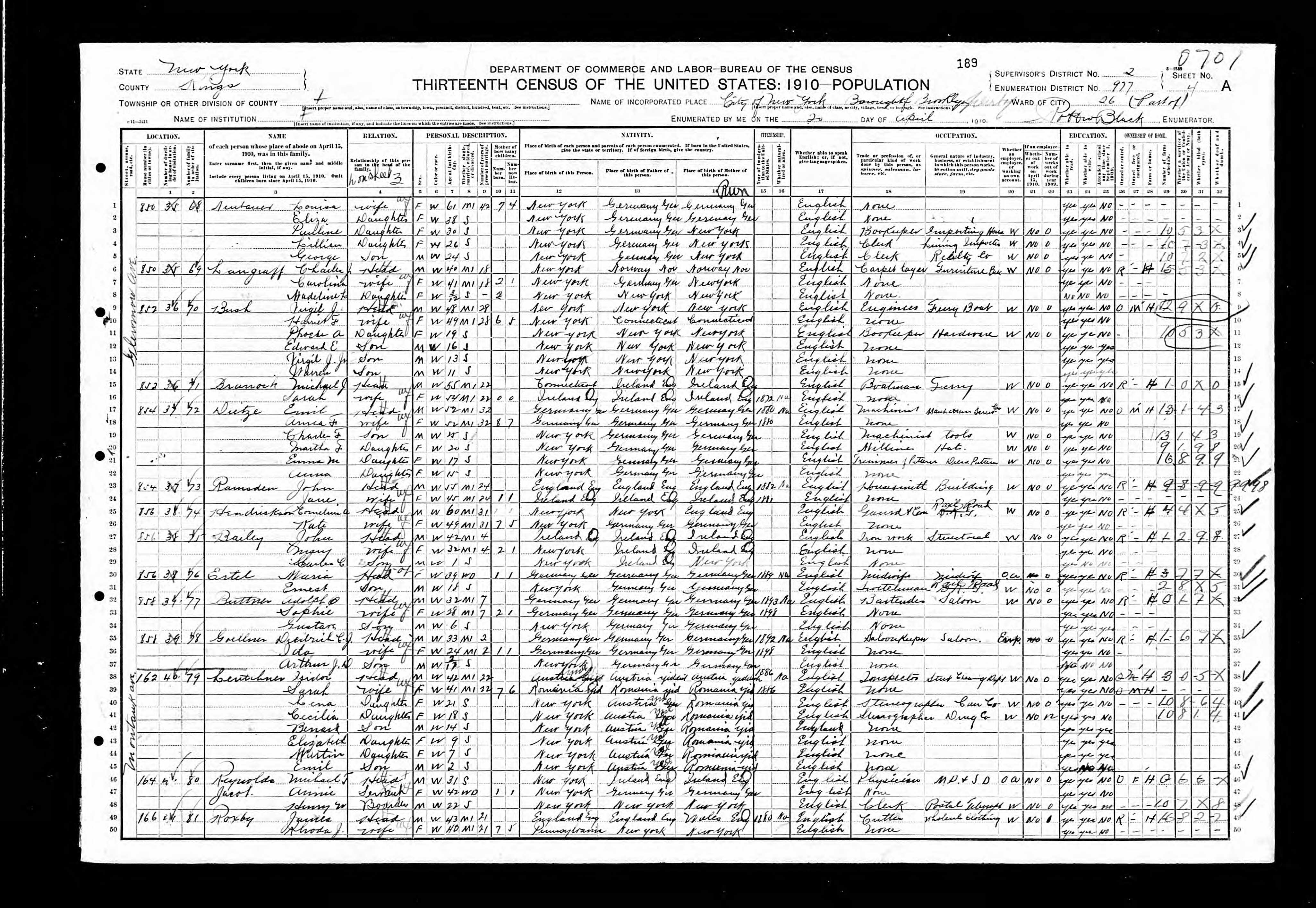 1910 U.S. Census for Isidor Lentchner Household