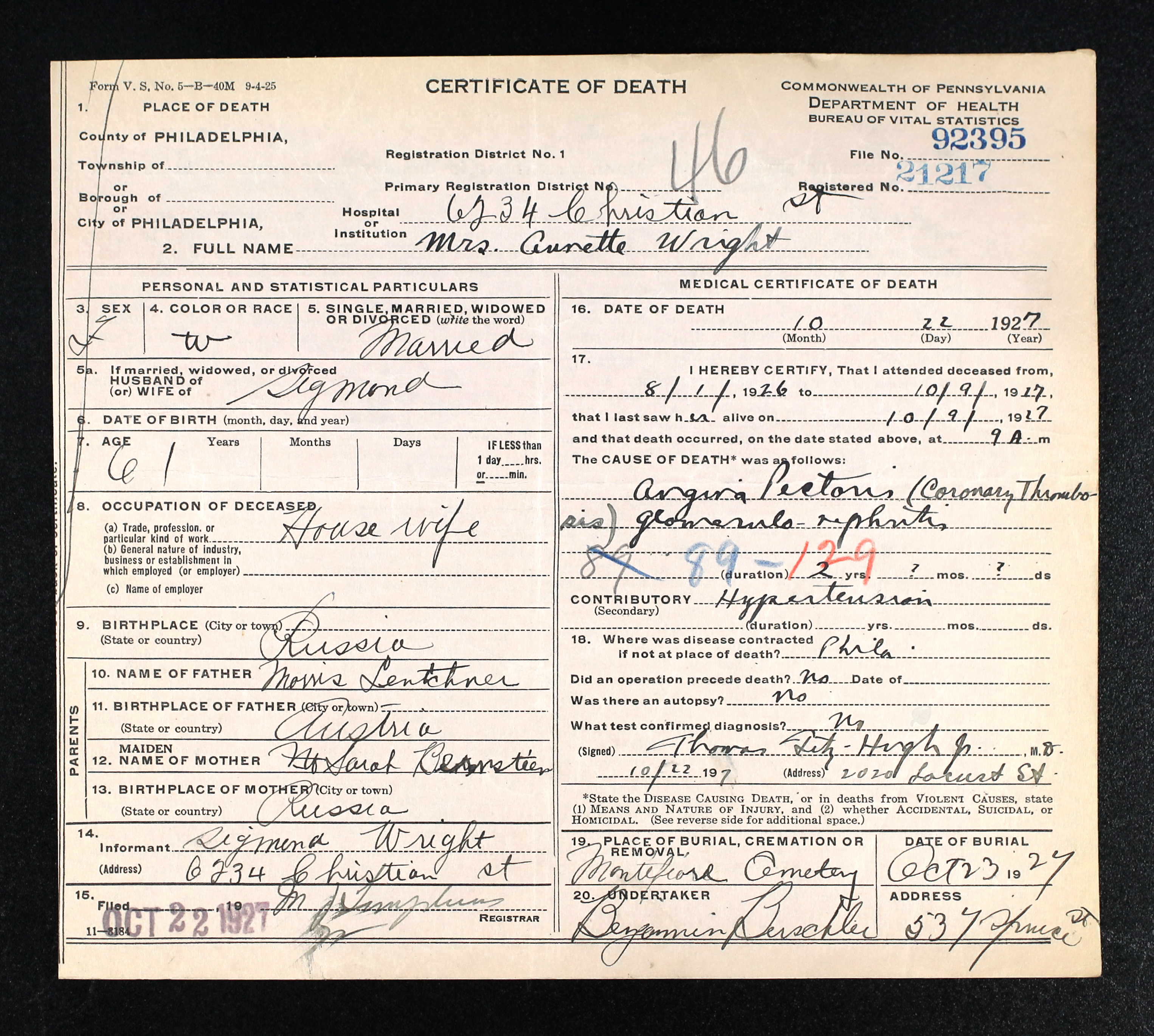 Death Certificate for Annette Wright