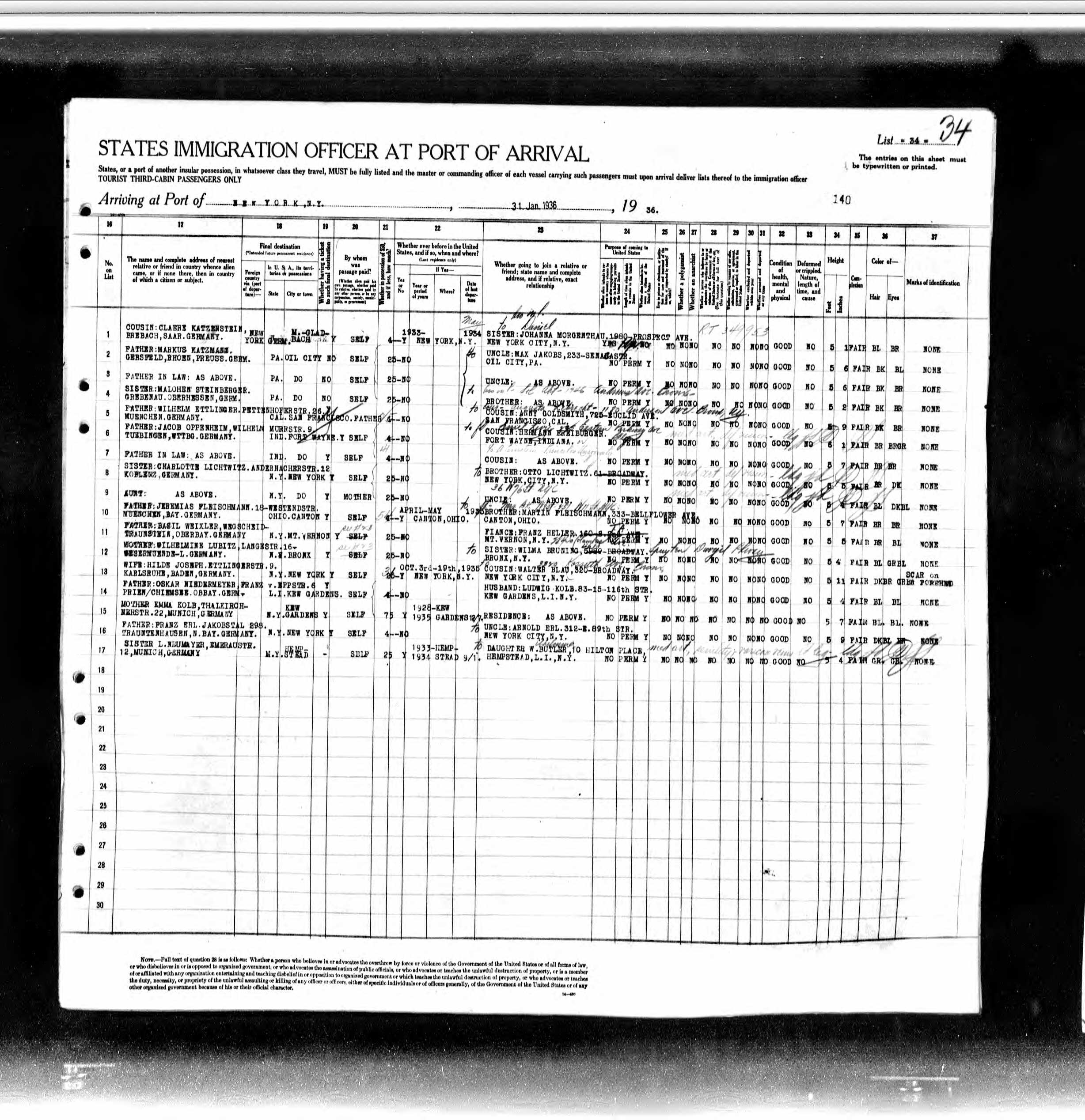 Passenger List for Hans Joseph (2 of 2)